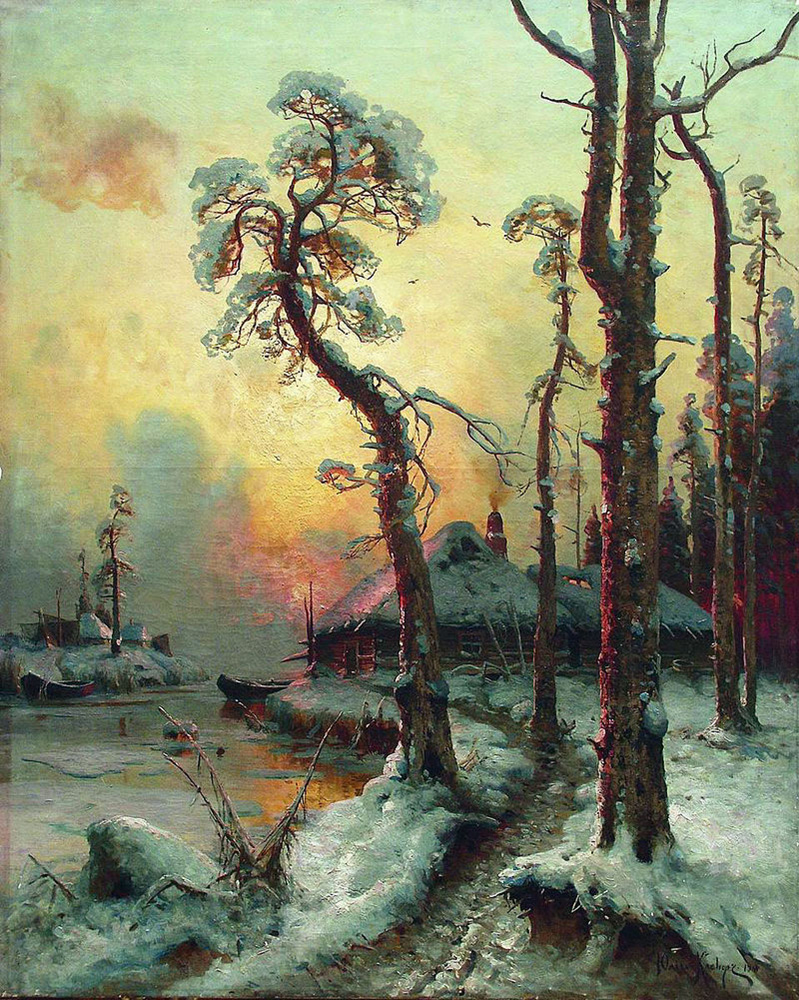 winter landscape with a river and houses 